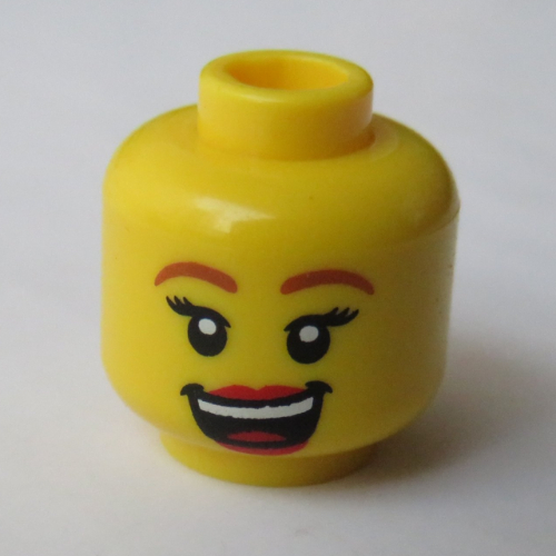 Lego Minifig Head, Eyelashes, Arched Eyebrows, Open Mouth Smile with Teeth and Tongue Print / Yellow