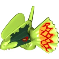 Animal Body Part, Dinosaur, Dilophosaurus Head with Dark Green and Red Around Eyes and Red and Orange on Frill Print / Lime