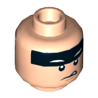 Lego Minifig Head Batman, Dual Sided Black Stripe on Forehead, Crooked / Angry Mouth Print [Hollow Stud] / Light Nougat