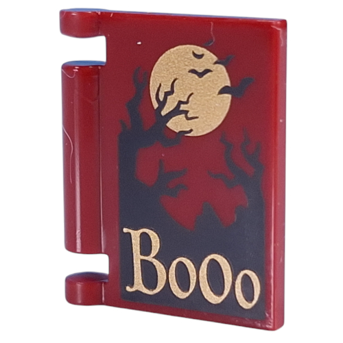 Lego Book Cover with Gold 'Boooo', Black Tree Silhouettes, Birds, Moon print / Dark Red
