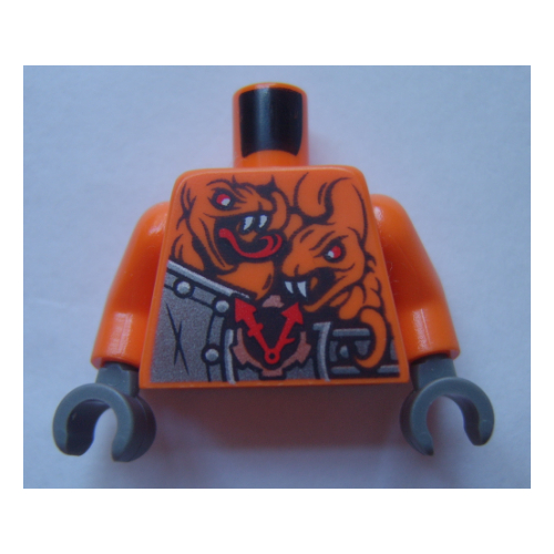 Lego Torso Armor with Rivets, Clock and 4 Orange Snakes with Red Eyes and White Fangs Print, Orange Arms, Dark Bluish Gray Hands / Orange