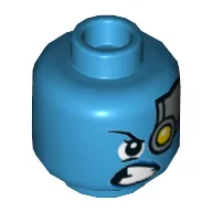 Minifig Head Nebula, Silver Head Plate with Yellow Robot Left Eye, Lopsided Scowl Print [Hollow Stud] / Dark Azure