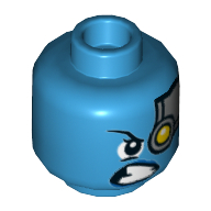 Lego Minifig Head Nebula, Silver Head Plate with Yellow Robot Left Eye, Lopsided Scowl Print [Hollow Stud] / Dark Azure