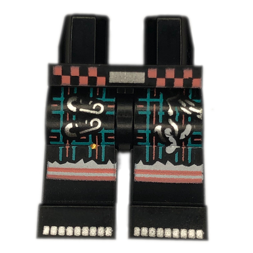 Lego Hips and Black Legs with Dark Turquoise/Coral Plaid, Safety Pins, Belt print / Black