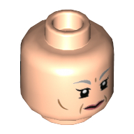 Lego Minifig Head Madame Hooch, Light Bluish Gray Eyebrows, Cheek Lines, Coral Lips, Neutral / Smile and Yellow Glasses Print / Light Nougat