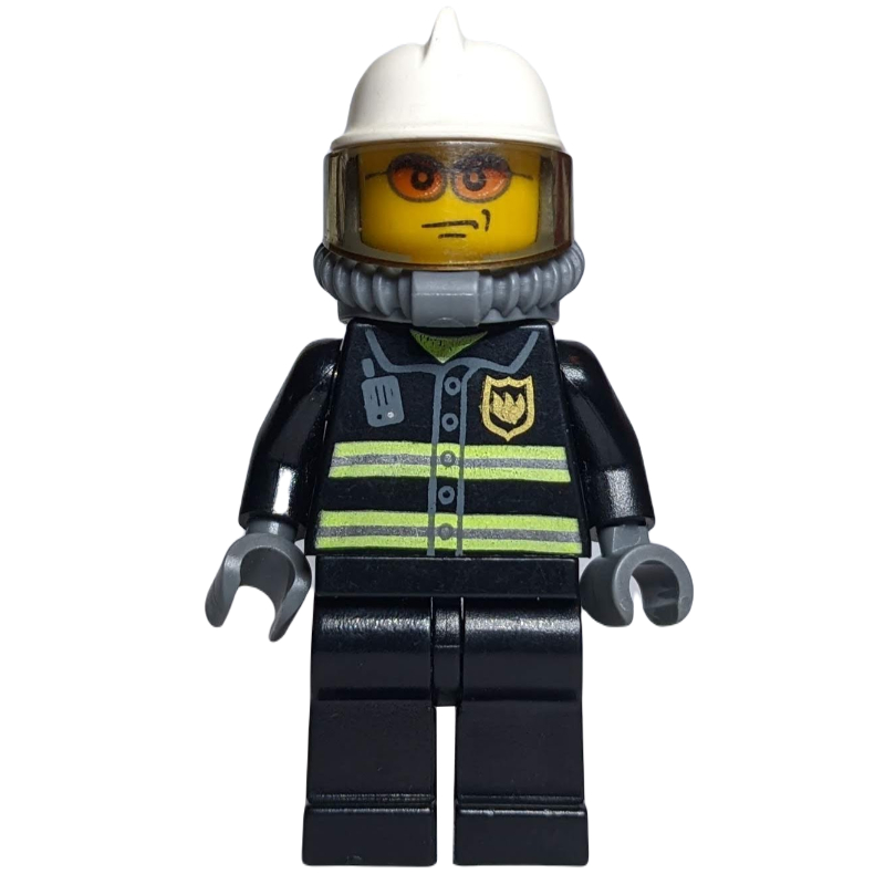 Lego Fireman, Black Fire Jacket with Reflective Stripes, Radio, and Badge, White Helmet, Breathing Apparatus, Airtanks, Orange Sunglasses