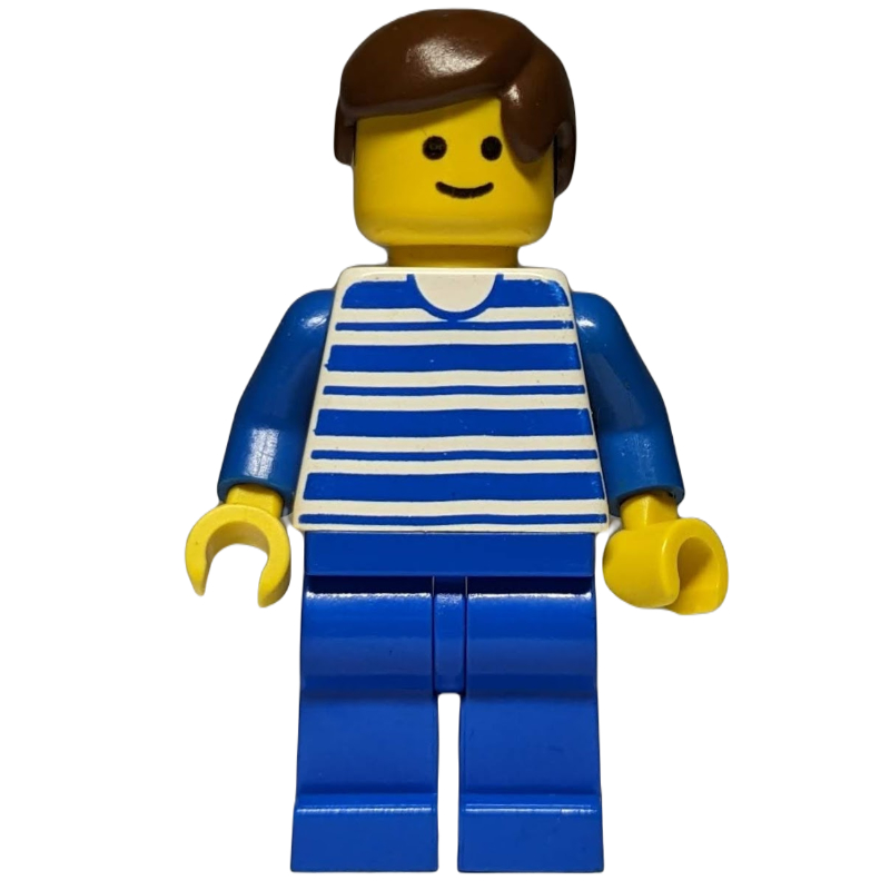 Lego Man - Blue/White Striped Torso, Blue Legs, Brown Hair