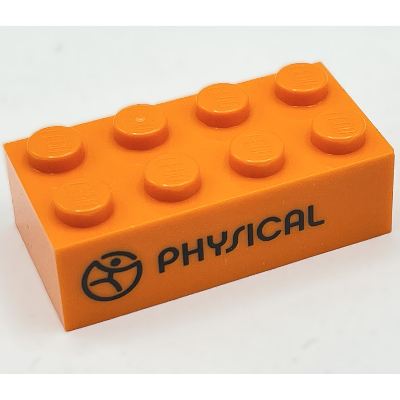 Lego Brick 2 x 4 with 'PHYSICAL' and Icon / 'MOOVA' Print / Orange