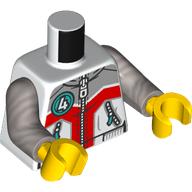 Lego Torso, Jacket, Zipper, Light Bluish Grey/Red Shapes, Dark Turquoise Circle with White '4' print, Flat Silver Arms, Yellow Hands / White