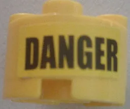 Brick, Round 2 x 2 with Axle Hole with Black 'DANGER' Pattern (Sticker) - Set 7787