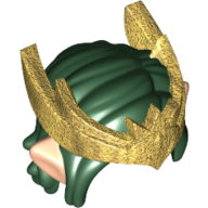 Lego Hair and Tiara, Mid-length (Hole in Back) and Light Nougat Elf Ears and Pearl Gold Wing-Shaped Tiara with Pointed Center Shield / Dark Green