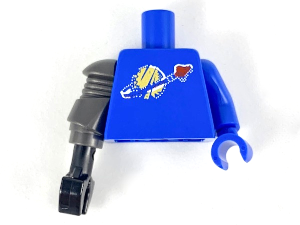 Lego Torso with Classic Space Logo with Simulated Wear Pattern / Blue Arm Left / Blue Hand Left / Pearl Dark Gray Mechanical Arm Right / Black Claw Right