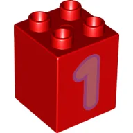 Duplo Brick 2 x 2 x 2 with Coral '1' Print / Red