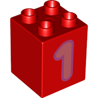 Lego Duplo Brick 2 x 2 x 2 with Coral '1' Print / Red