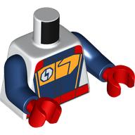 Lego Torso, Red/Dark Blue/Bright Light Orange Race Suit print, Dark Blue Arms, Red Hands / White