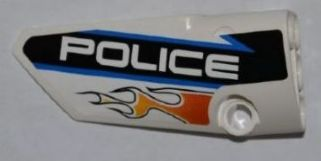Lego Technic, Panel Fairing # 3 Small Smooth Long, Side A with Orange Flames and White 'POLICE' on Black Background Pattern (Sticker) - Set 8221