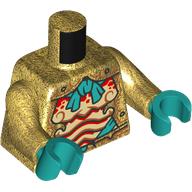 Lego Torso, Armour, Bright Light Yellow/Red Shrimp Chest print, Pearl Gold Arms, Dark Turquoise Hands / Pearl Gold