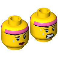 Lego Minifig Head Cardio Carrie, Dual Sided, Female, Pink Headband, Sweat Drops, Red Lipstick, Mouth Closed / Clenched Teeth Print [Hollow Stud] / Yellow