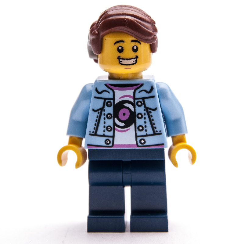 Lego Man, Bright Light Blue Jacket, Dark Blue Legs, Reddish Brown Hair