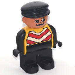 Duplo Figure, Early, with Flat Cap Black, Black Legs, Black Arms, Chevron Vest Print / Yellow