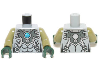 Lego Torso Chima Silver Armor with Straps and Blue Round Jewel (Chi) Pattern / Olive Green Arms / Dark Green Hands
