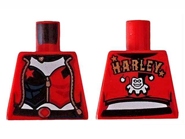 Lego Torso Female Outline, Black And Red Open Jacket with 'HARLEY' on Back, Stars and Corset Pattern