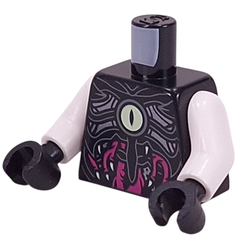 Lego Torso, Yellowish Grey Eye, Silver Armor, Magenta Markings print, White Arms, Black Hands / Black