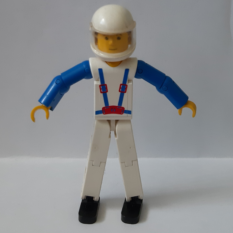 Lego Technic Figure White Legs, White Top with Blue Braces Print, Blue Arms, White Helmet