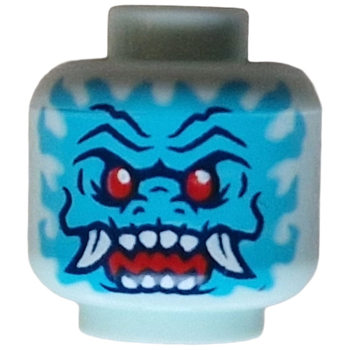Lego Minifig Head Spectral Dragonian Warrior, Medium Azure Face, Dark Blue Lines, Red Eyes, White Fangs, Red Mouth, Medium Azure/Red Shapes in Back / Light Aqua