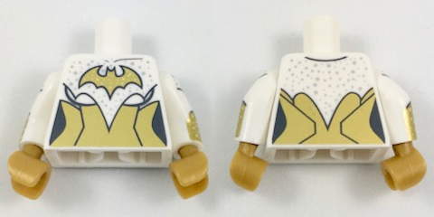 Lego Torso Batman Female Logo with Silver Dots and Gold Corset Pattern / White Arms with Silver Dots and Gold Cuffs Pattern / Pearl Gold Hands