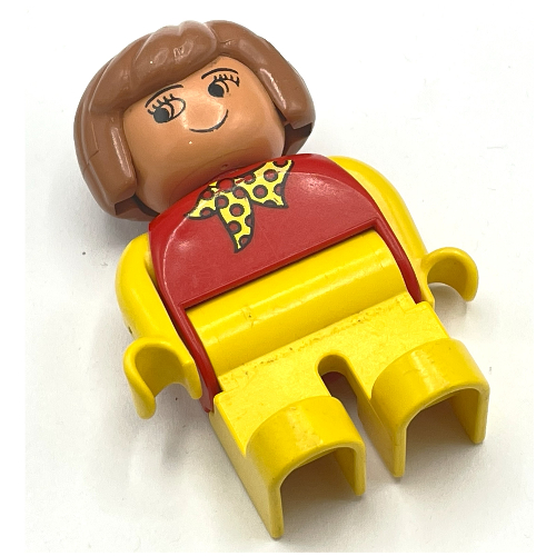 Lego Duplo Figure, Early, Hair Bob Fabuland Brown, Yellow Legs, Yellow Arms, Yellow Scarf with Red Dots Print / Red
