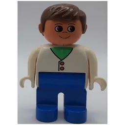 Duplo Figure, Early, with Short Parted Hair Brown, Blue Legs, Cardigan with 2 Buttons and Medium Green Neck Print / White