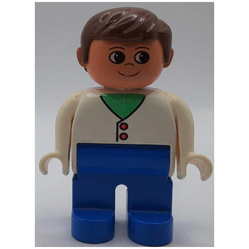 Lego Duplo Figure, Early, with Short Parted Hair Brown, Blue Legs, Cardigan with 2 Buttons and Medium Green Neck Print / White