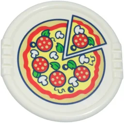 Duplo Utensil Disk with Pizza with Bright Light Yellow Cheese, Red Tomato Sauce and Slices, Tan Crust, White Mushrooms, Green Leaves, and Dark Blue Olives and Outlines Pattern