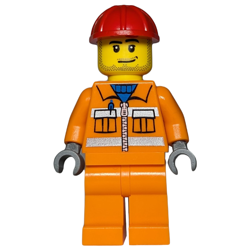 Lego Construction Worker, Orange Jacket with Zipper and Reflective Stripes, Red Hard Hat, Stubble