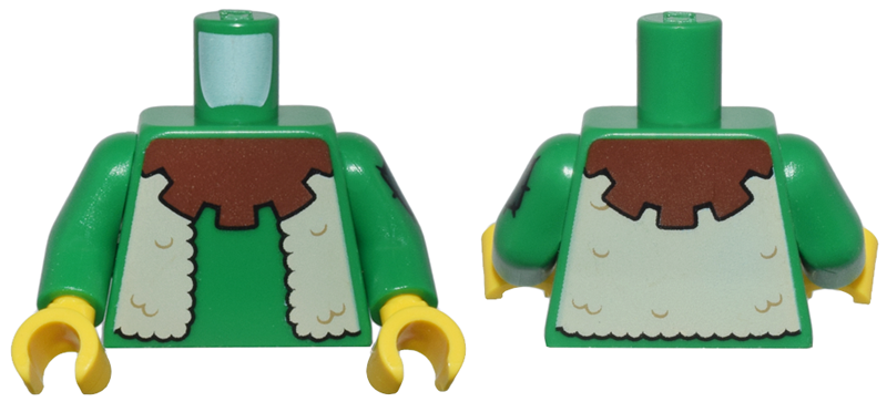 Lego Torso Forestman Reddish Brown Collar and Tan Fur Vest Pattern / Green Arm Left with Patch Pattern / Green Arm Right / Yellow Hands