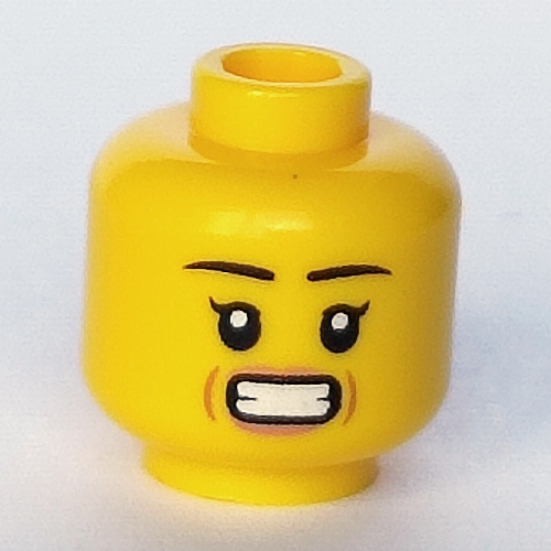 Lego Minifig Head, Eyelashes, Pink Lips, Open Mouth Smile / Clenched Teeth print / Yellow