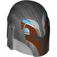 Lego Helmet Mandalorian with Holes and Black Visor, Dark Red/Medium Azure Markings print / Pearl Titanium