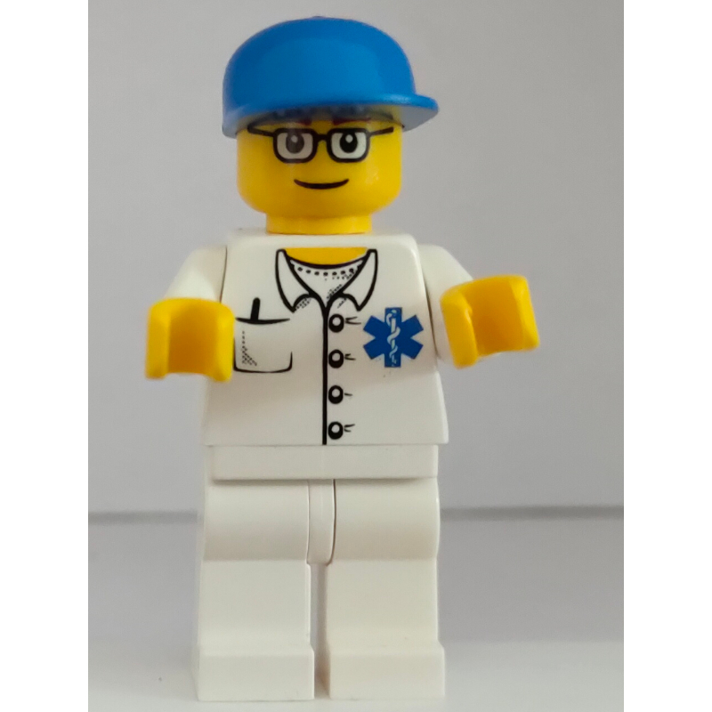Lego Doctor, White Shirt with Star of Life Logo, Blue Cap, Glasses