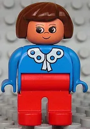 Duplo Figure - Female, Adult Woman, Red Legs, Blue Top with Lace Collar Pattern, Brown Hair, Nougat Head (75472)