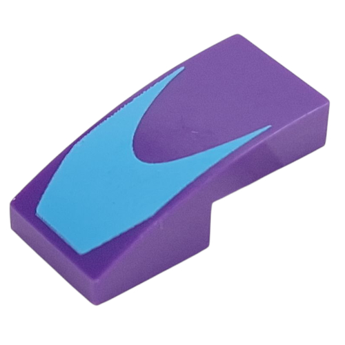 Lego Brick Curved 2 x 1 No Studs with Medium Azure Shape print / Dark Purple