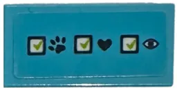 Tile 1 x 2 with Lime and White Checkboxes, Dark Blue Paw Print, Heart and Eye Pattern (Sticker) - Set 41446 / Medium Azure