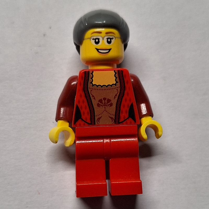 Lego Woman, Red Cardigan, Red Legs, Dark Bluish Gray Hair, Glasses