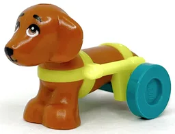Dog, Mini Doll Style, Dachshund with Neon Yellow Wheelchair Harness with Dark Turquoise Wheels (Friends Pickle)