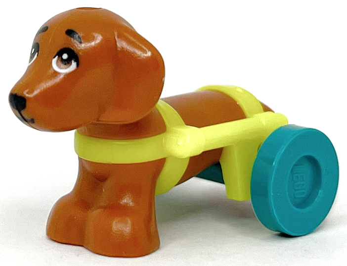 Lego Dog, Mini Doll Style, Dachshund with Neon Yellow Wheelchair Harness with Dark Turquoise Wheels (Friends Pickle)
