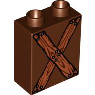 Lego Duplo Brick 1 x 2 x 2 with Nailed Crossed Wooden Boards Print / Reddish Brown