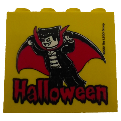 Lego Brick 2 x 4 x 3 with 'Halloween', Dracula Print / Yellow