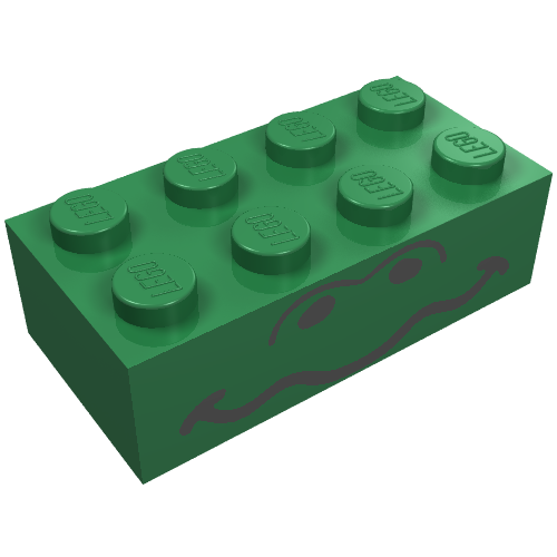 Lego Brick 2 x 4 with Wavy Mouth and Eyes Print / Green