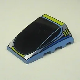 Brick Wedged, Curved 4 x 4 No Top Studs with Black Window, Yellow 18 Print / Medium Blue
