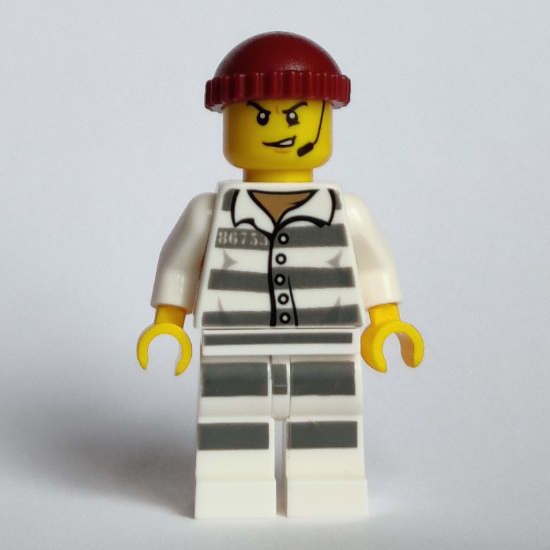 Lego Criminal, Prison Shirt with #86753, Dark Red Hat, Headset